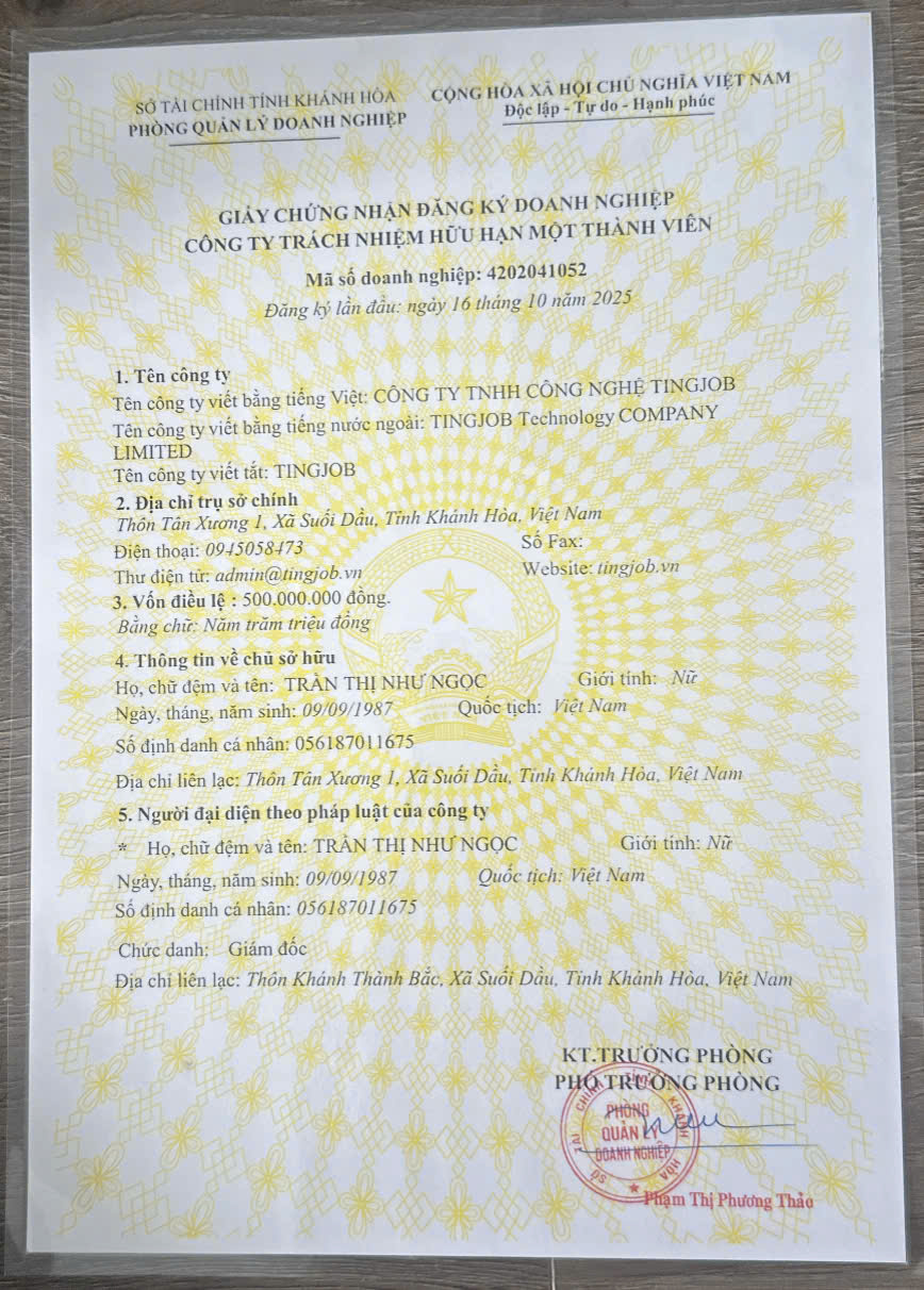Giấy phép kinh doanh công ty tnhh công nghệ TinGJob